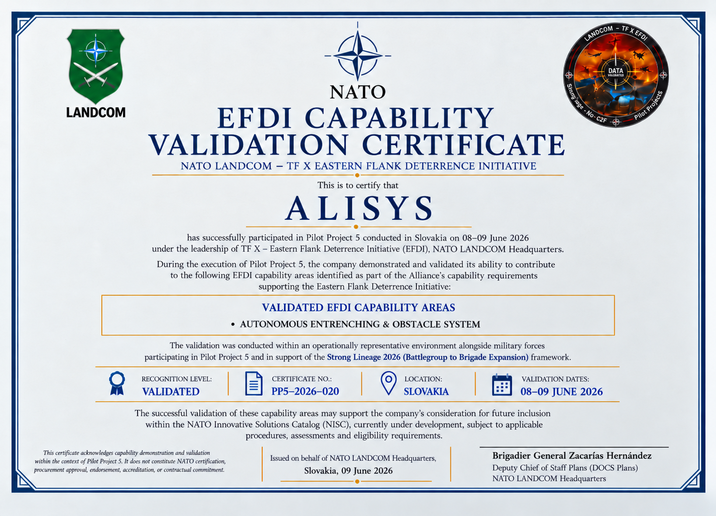 Certificado de validación de capacidades de Alisys en Pilot Project 5 de NATO LANDCOM